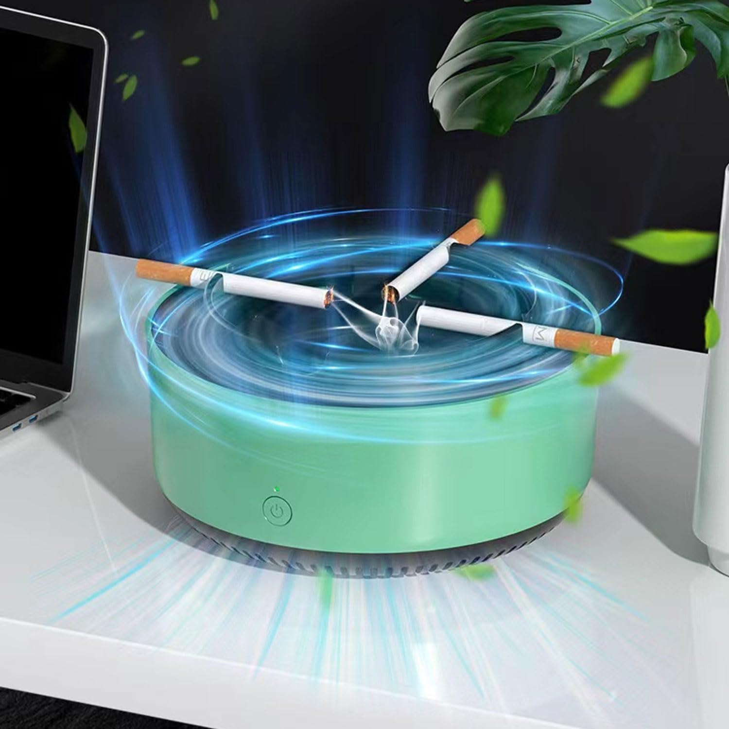 Istara Smokeless Ashtray for Office, Indoor Outdoor Self Extinguishing Ashtray, 2 in 1 Air Purifier Multifunctional Smokeless Ashtray with Filter (Green)